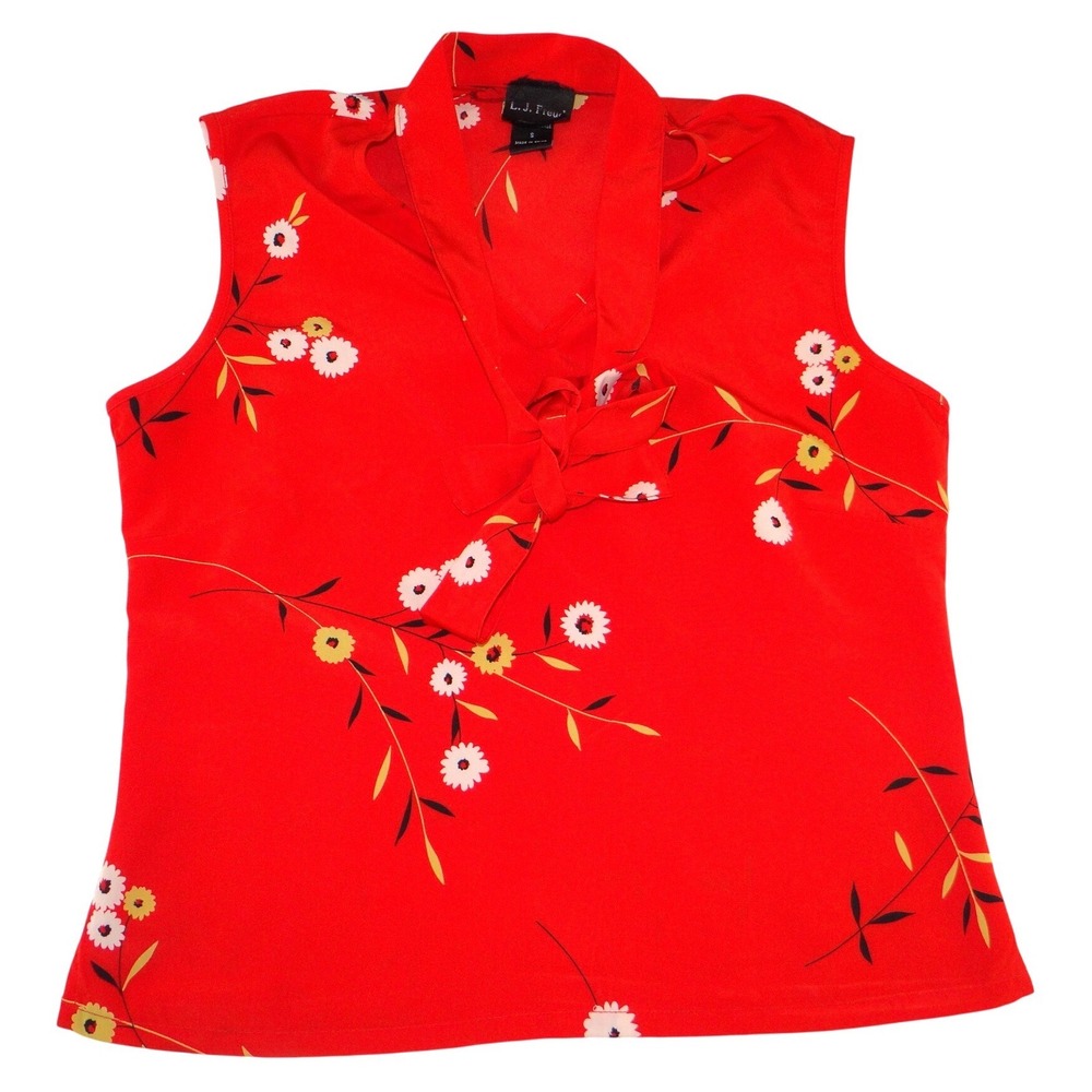 L.J. Freud Red‎ Floral Daisy Tie Neck Sleeveless Blouse Top Small
